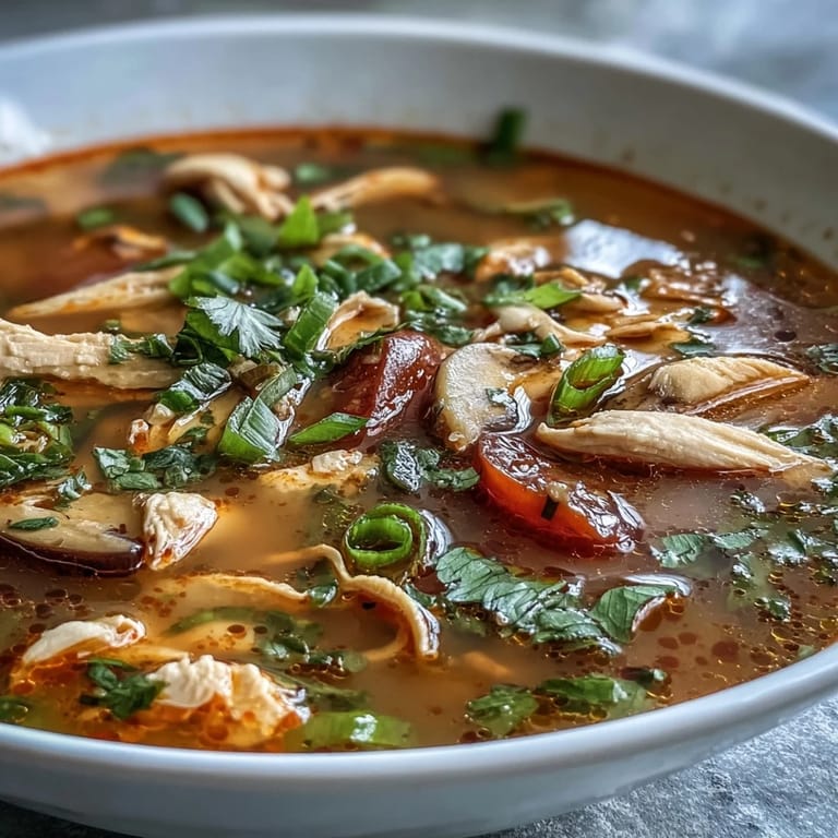 Tom Yum Chicken served hot in a rustic ceramic bowl with mushrooms and herbs.