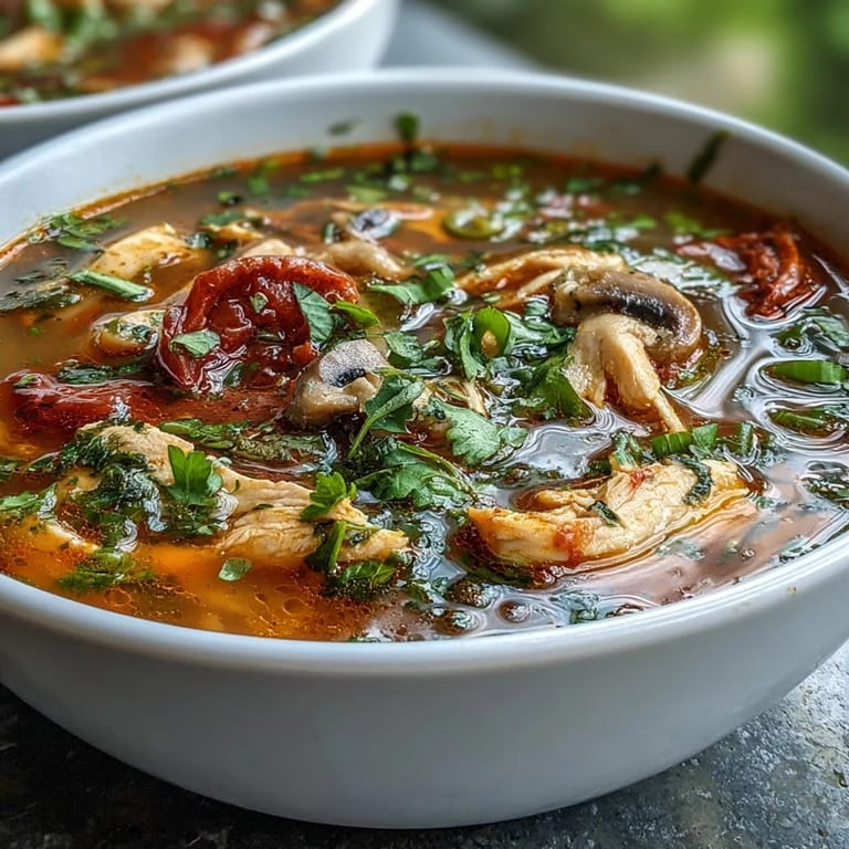 Spicy and sour Tom Yum Chicken soup with tender chicken thighs and vibrant aromatics.