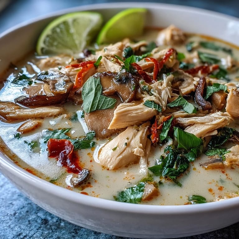 Garnished Thai Chicken Coconut Curry Soup with cilantro and Thai basil, served steaming and aromatic.