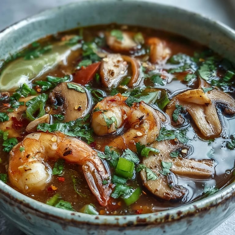Bright red chiles and sliced mushrooms float in aromatic Tom Yum Soup, promising a zesty Thai-inspired meal.