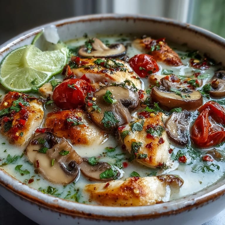 Spicy Best Ever Tom Kha Gai Soup with sliced chicken, mushrooms, and aromatic Thai herbs.