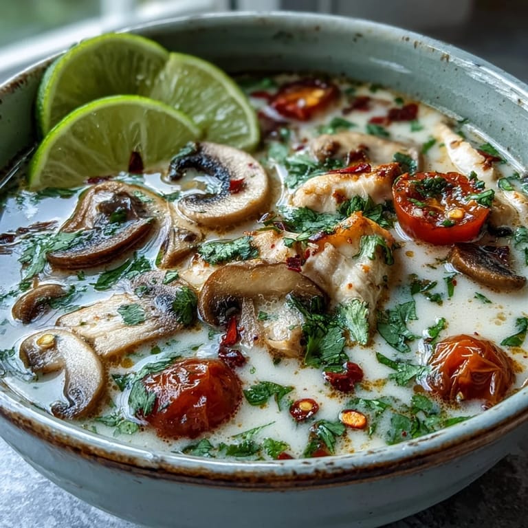 Ladle pouring Best Ever Tom Kha Gai Soup over steamed jasmine rice and fresh garnishes.