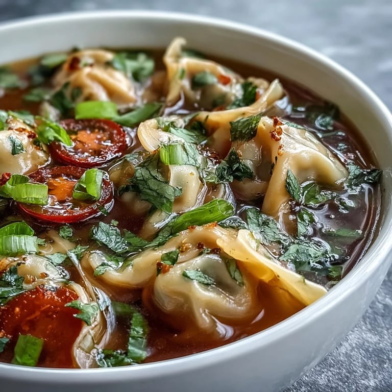 Steaming pot of Tom Yum Wonton Soup featuring translucent wontons, bok choy, and a clear, golden broth topped with cilantro.