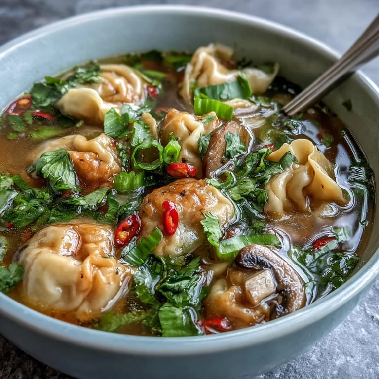 A close-up of Tom Yum Wonton Soup with vibrant red chili slices and aromatic lemongrass, ready to be ladled into serving bowls.