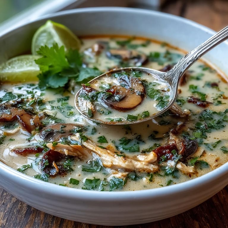Thai-inspired Tom Kha Soup simmering in a pot with fragrant lemongrass and galangal, ready to be served hot.