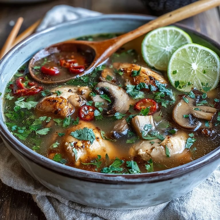 Bright red tomatoes and mushrooms floating in the spicy-sour Tom Yum Gai broth.