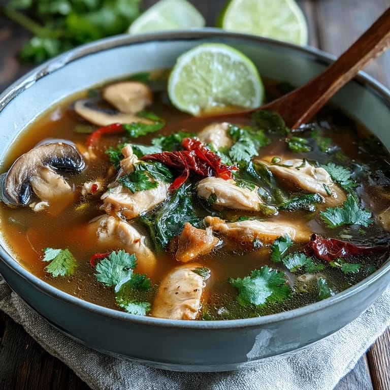 Authentic Thai Tom Yum Gai served hot with lime wedges on the side.