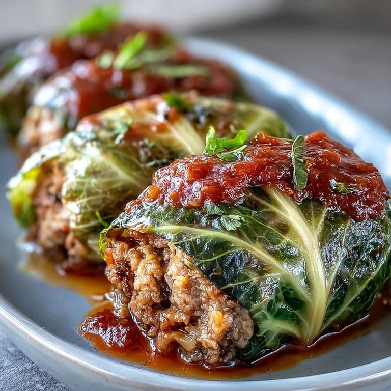 Golden-brown Cabbage Rolls are gently lifted from a baking dish with a wooden spoon, revealing a hearty meat and rice filling.