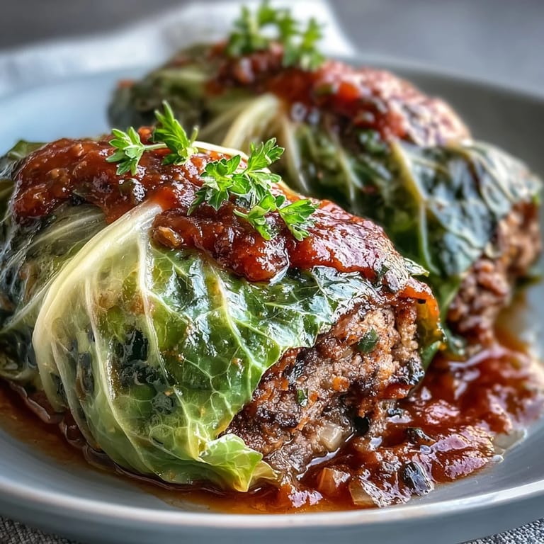 A close-up of tender Cabbage Rolls shows the savory ground beef filling and soft cabbage leaves drizzled with homemade tomato sauce.