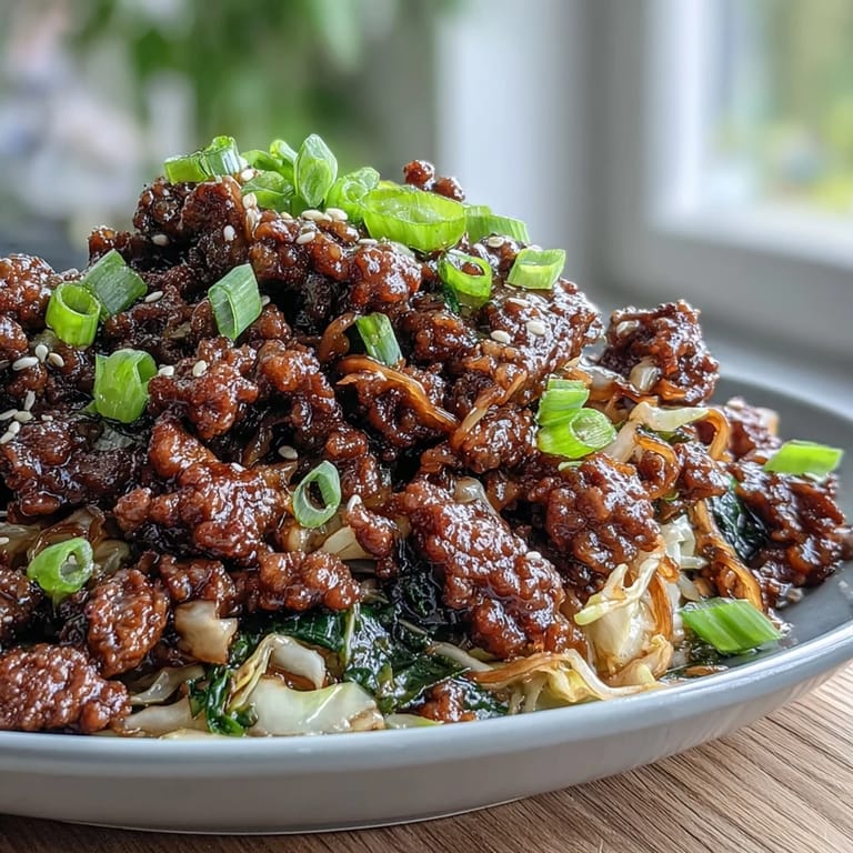 A close-up view of a low-carb plate of Chinese Ground Beef and Cabbage Stir-Fry next to a bowl of cauliflower rice.