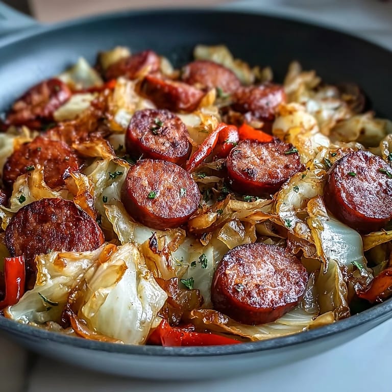 A close-up view of tender cabbage and onions mixed with sliced kielbasa in this easy Smothered Cabbage With Sausage Skillet, garnished with fresh herbs for serving.