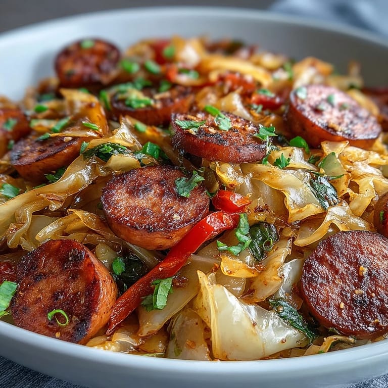 Hearty Smothered Cabbage With Sausage Skillet served hot from the pan, featuring caramelized vegetables and juicy sausage, perfect for a low carb weeknight family meal.