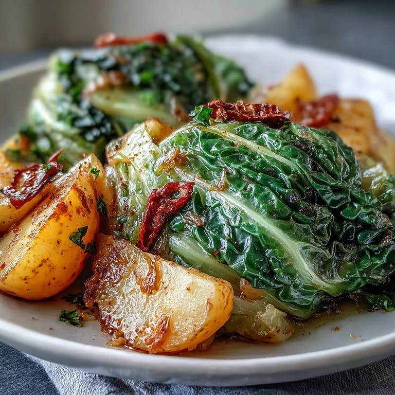 Rustic Braised Cabbage With Potatoes and Chili spooned from a Dutch oven, ready to serve with crusty bread.
