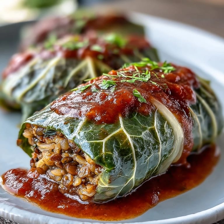Hearty Baked Vegan Cabbage Rolls filled with lentils and brown rice, ready to serve alongside creamy mashed potatoes.