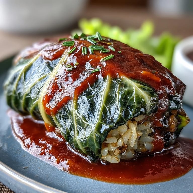 Freshly baked Baked Vegan Cabbage Rolls in a ceramic dish, garnished with thyme and ready for a family dinner.