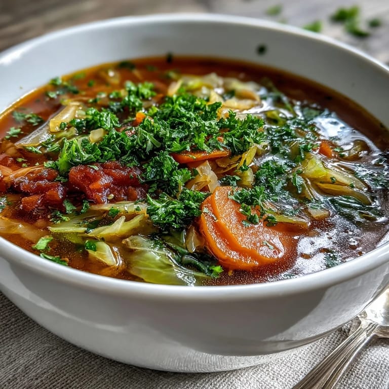 Rustic white bowl of Classic Cabbage Soup paired with crusty bread, showcasing vibrant vegetables in a savory broth.