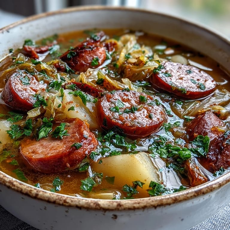 Hearty Sausage, Potato and Cabbage Soup is garnished with fresh parsley, ready to be ladled into rustic bowls.