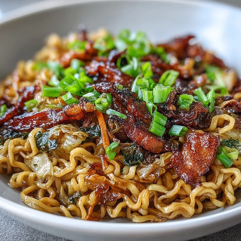 Easy vegetarian Fried Cabbage Ramen topped with fresh green scallions and sesame seeds.