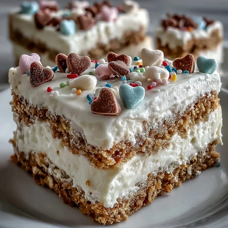 Sliced Candy Hearts Fake Cake reveals silky cheesecake filling and airy whipped cream frosting, garnished with pastel candy hearts on a buttery graham cracker base.