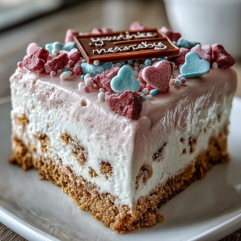 Candy Hearts Fake Cake decorated with crunchy conversation heart candies and rainbow sprinkles, served chilled on a white plate for a festive dessert.