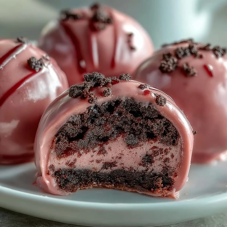 A close-up of creamy Oreo Truffle Balls with a thick pink candy coating, revealing a rich chocolate truffle center.