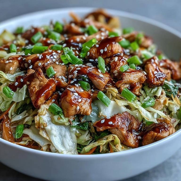 Stir-fried Egg Roll Bowls with Chicken and Cabbage with crisp cabbage and carrots, drizzled with chili crisp for extra heat.