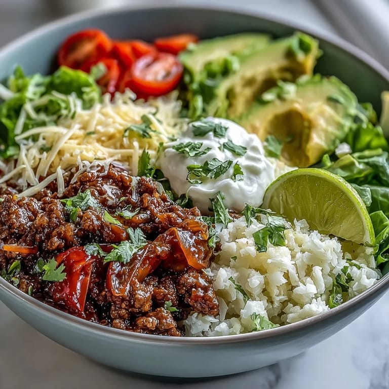Low Carb Burrito Bowl with juicy beef, fresh cilantro, tomatoes, and avocado, served with lime wedges for a bright squeeze.
