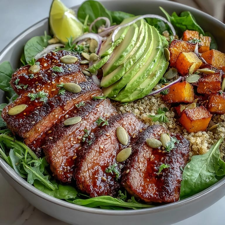 Vibrant butternut squash steak bowls with quinoa, baby spinach, and red onion, ready to drizzle with tangy dressing.