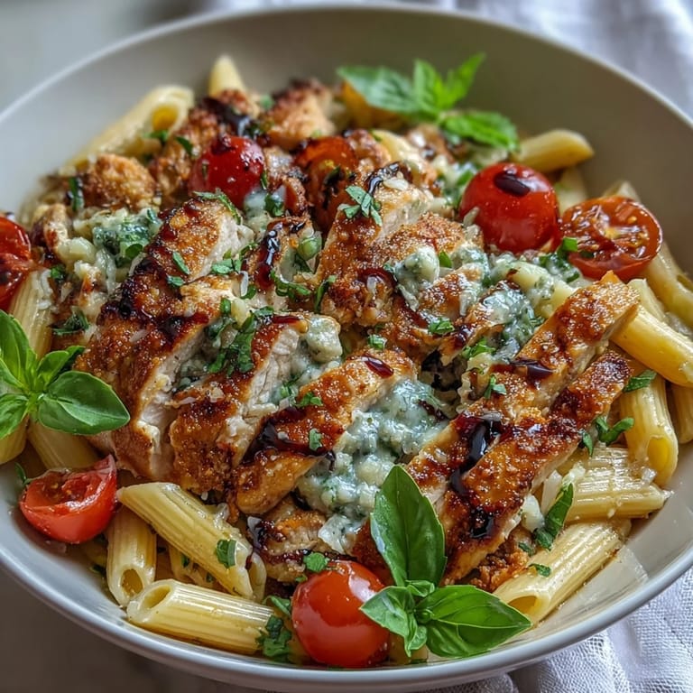 Close-up of Bruschetta Chicken Pasta featuring al dente penne, tender chicken, and melted mozzarella, ready to serve for dinner.