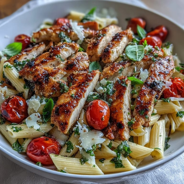 Bruschetta Chicken Pasta plated with vibrant cherry tomatoes, fresh basil, and a drizzle of balsamic for a summery Italian-American meal.