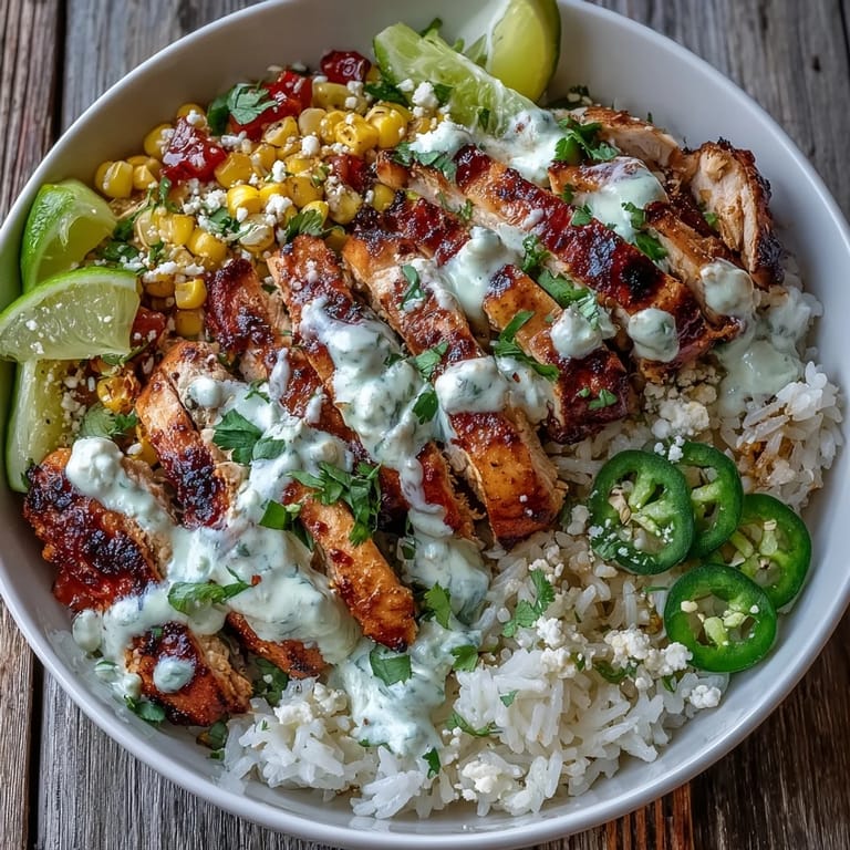 Sizzling grilled chicken thighs, charred corn, and rice packed into a Street Corn Chicken and Rice Bowl garnished with cotija cheese.