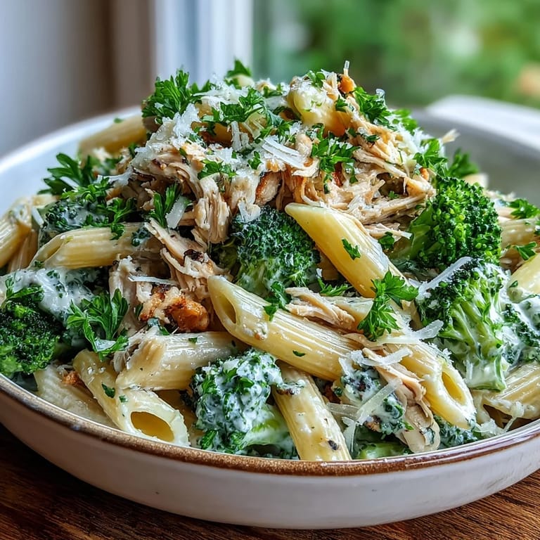 Tossing whole-wheat penne into the High Protein Rotisserie Chicken Broccoli Pasta with a wooden spoon.