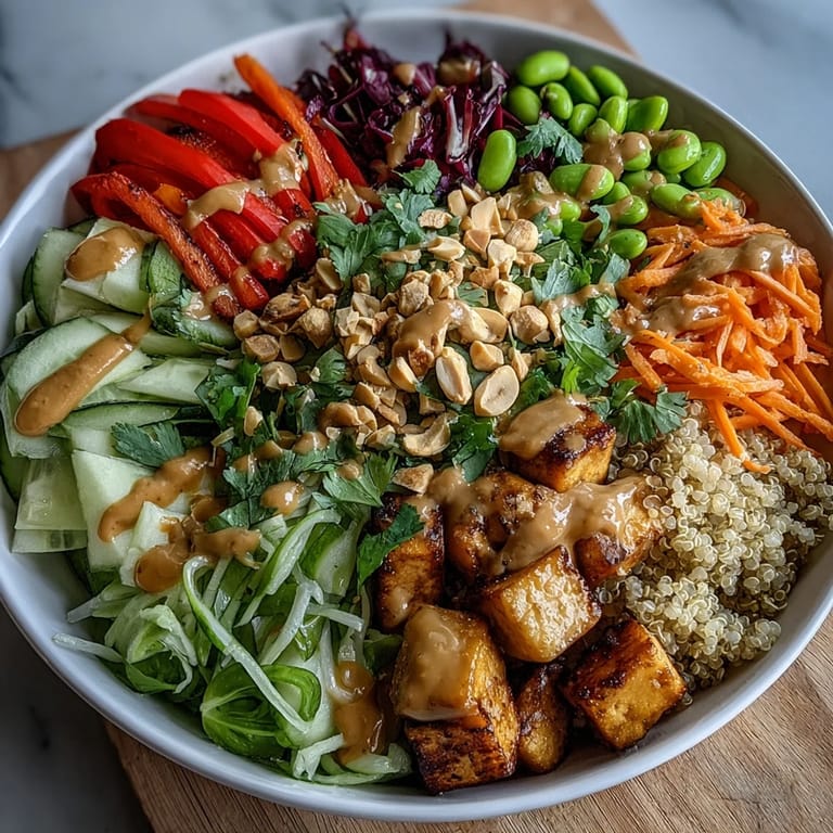 Drizzled with creamy peanut sauce and garnished with chopped roasted peanuts and fresh cilantro, this colorful bowl offers a satisfying plant-based meal perfect for lunch.