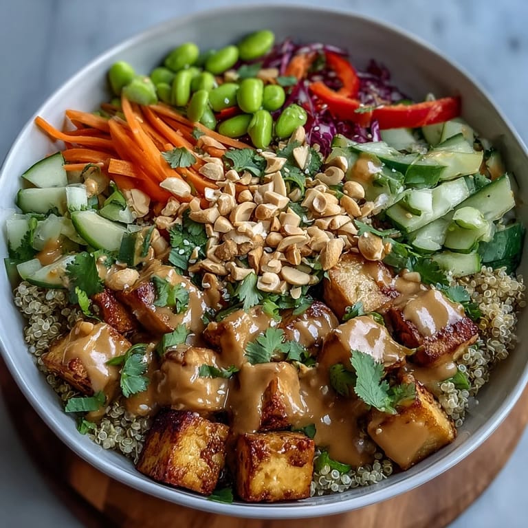 Served in a rustic white bowl, the Peanut Tofu Power Bowl features steamed edamame, crisp cucumber slices, and spring onions for a refreshing and nourishing fusion dinner.