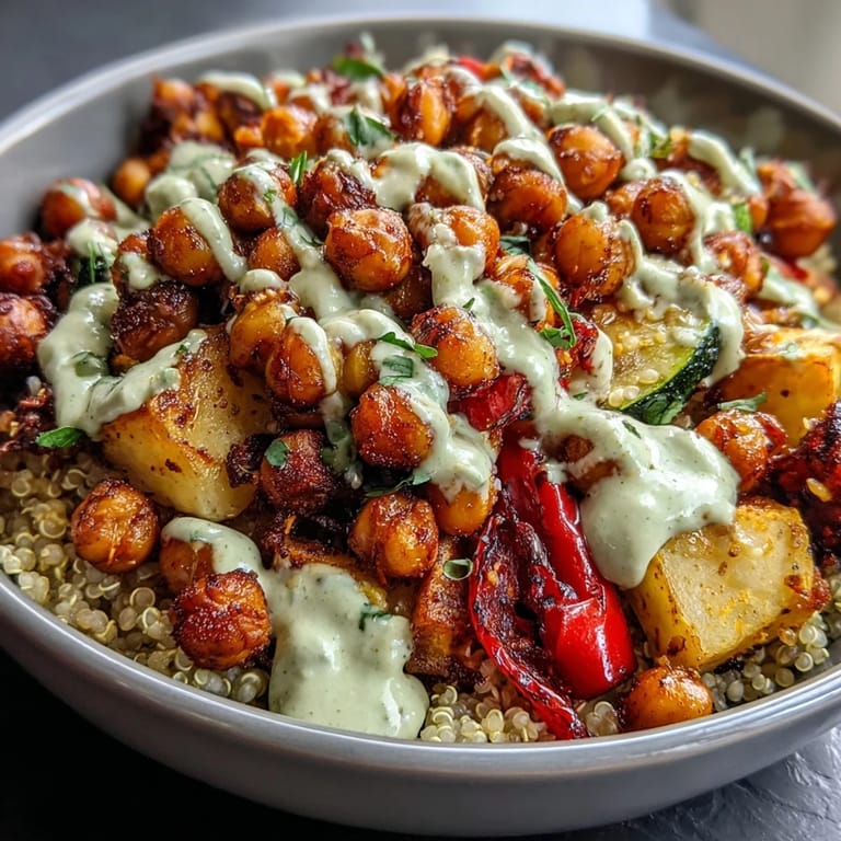 A colorful, protein-packed Chickpea Power Bowl featuring fluffy grains and crunchy pumpkin seeds for a nourishing meal.