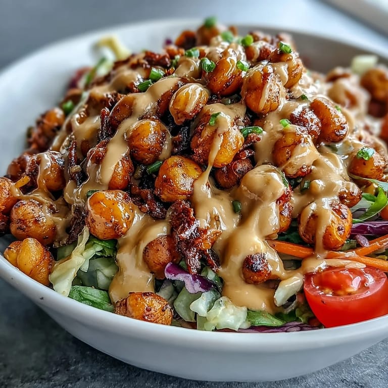 A colorful Peanut Chickpea Protein Bowl with golden roasted chickpeas, julienned carrots, and fresh cilantro, ready for a satisfying vegetarian meal.