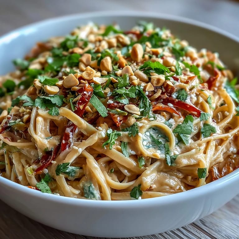 A serving of Asian Peanut Noodle Bowl in a ceramic bowl, tossed with bean sprouts and herbs, ready to enjoy warm or chilled for lunch or dinner.