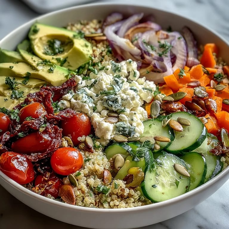 Nourishing Simple Grain Bowl with quinoa, pan-seared tofu, cucumber, carrots, and crumbled feta for a healthy lunch.