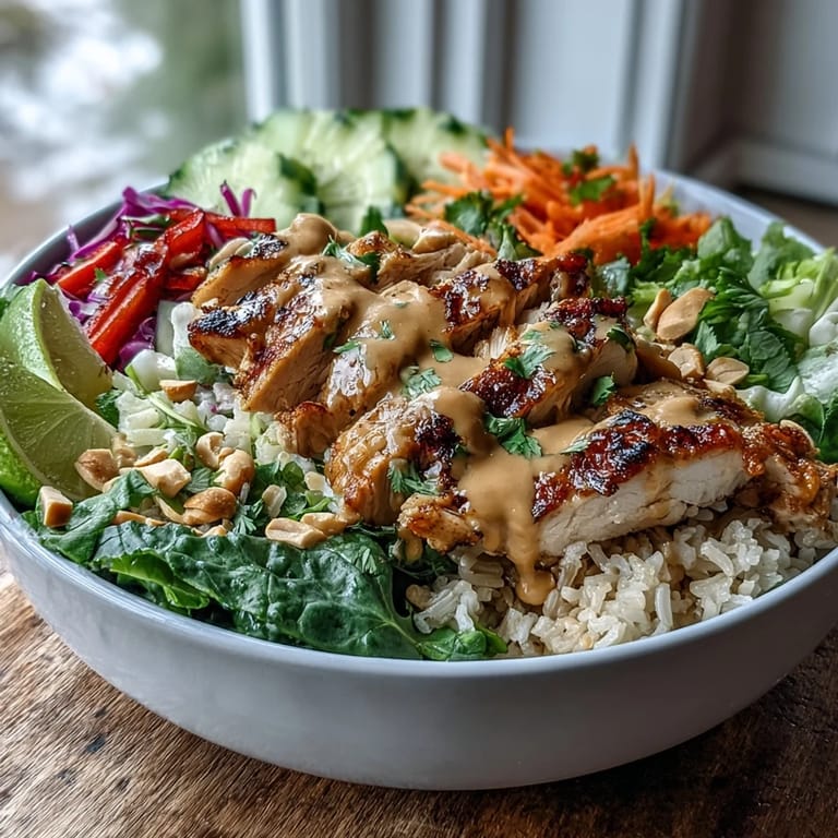 Freshly baked chicken slices rest over hearty grains in this Peanut Chicken Power Bowl, garnished with chopped peanuts and lime wedges.