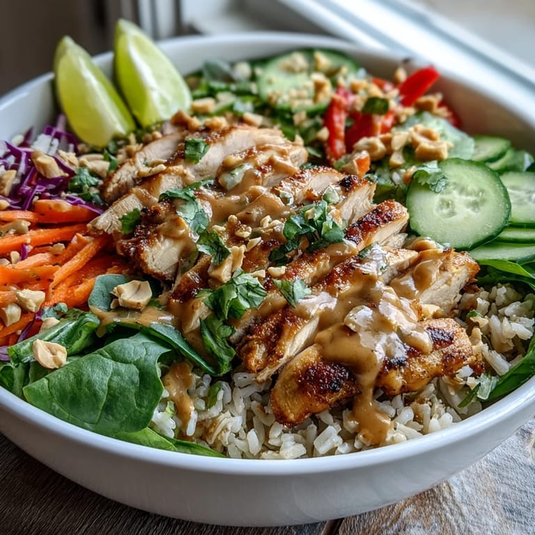 For a complete meal, the Peanut Chicken Power Bowl combines sliced chicken, colorful veggies, and a rich, nutty peanut drizzle over grains.