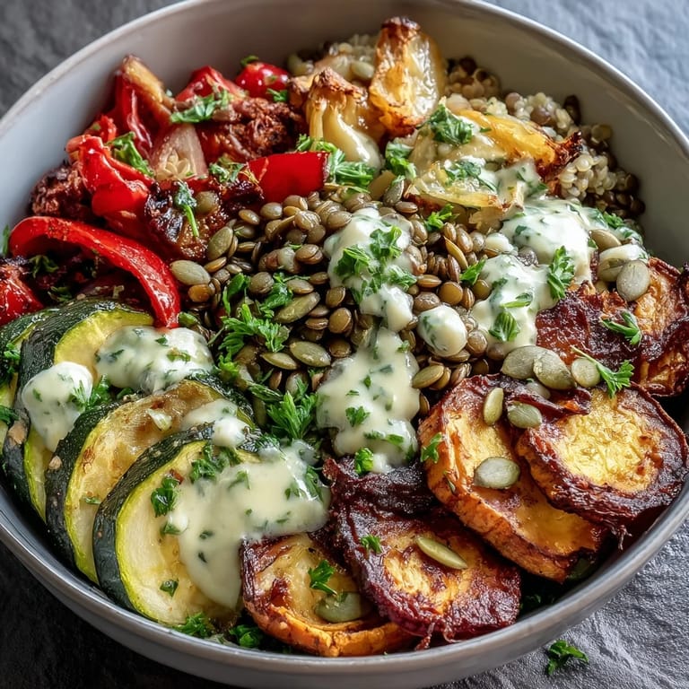Savory Lentil Power Bowl served over warm quinoa, topped with roasted sweet potatoes and red onions for a healthy weeknight meal.  