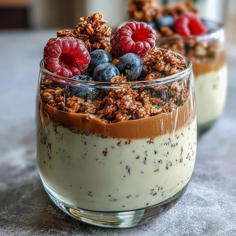 The rich roasted tea custard is topped with red berries and golden granola in a clear glass.