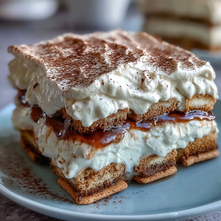 A close-up view of Hojicha Tiramisu in a glass dish, featuring golden-brown ladyfingers and velvety mascarpone cream.