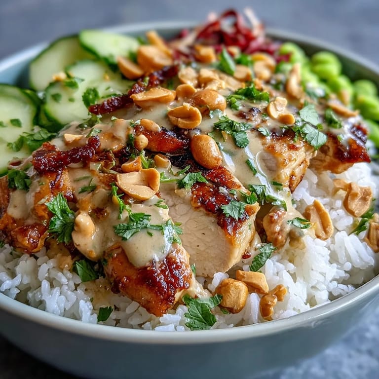 Fluffy jasmine coconut rice paired with juicy grilled chicken, crunchy veggies, and a luscious peanut drizzle in this vibrant bowl.  