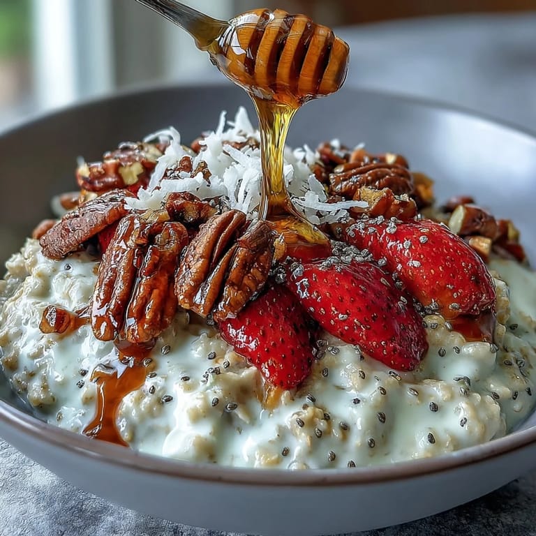 Creamy overnight oats with strawberry and chia seeds, a no-cook breakfast jar packed with fiber and fresh fruit for a healthy morning boost.