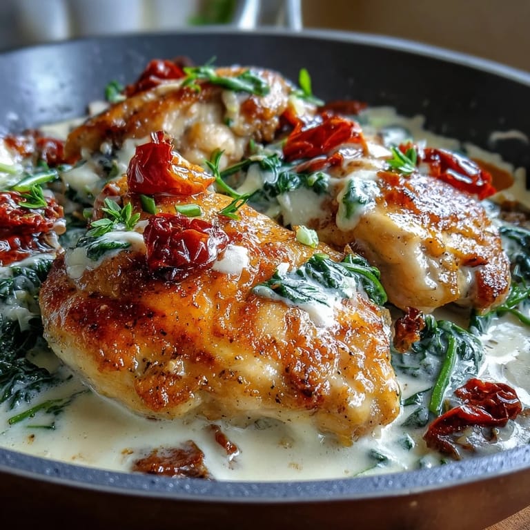 Flavorful Creamy Tuscan Chicken Skillet served hot, with juicy chicken breasts smothered in a creamy, herb-infused sauce and fresh baby spinach.