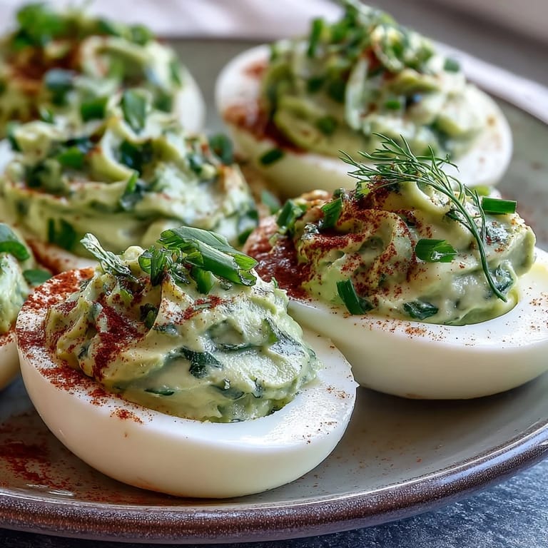 Vibrant avocado-filled deviled eggs garnished with chives and dill, a fresh twist on a classic party appetizer.