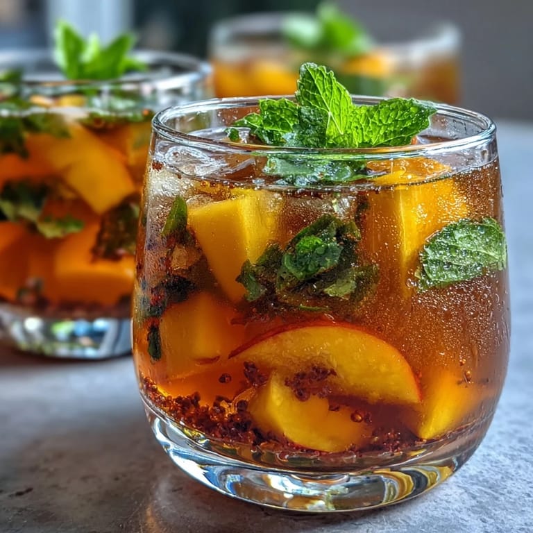 Cold mango peach iced tea with vibrant mint garnish, offering a sweet and fruity summer refreshment.  