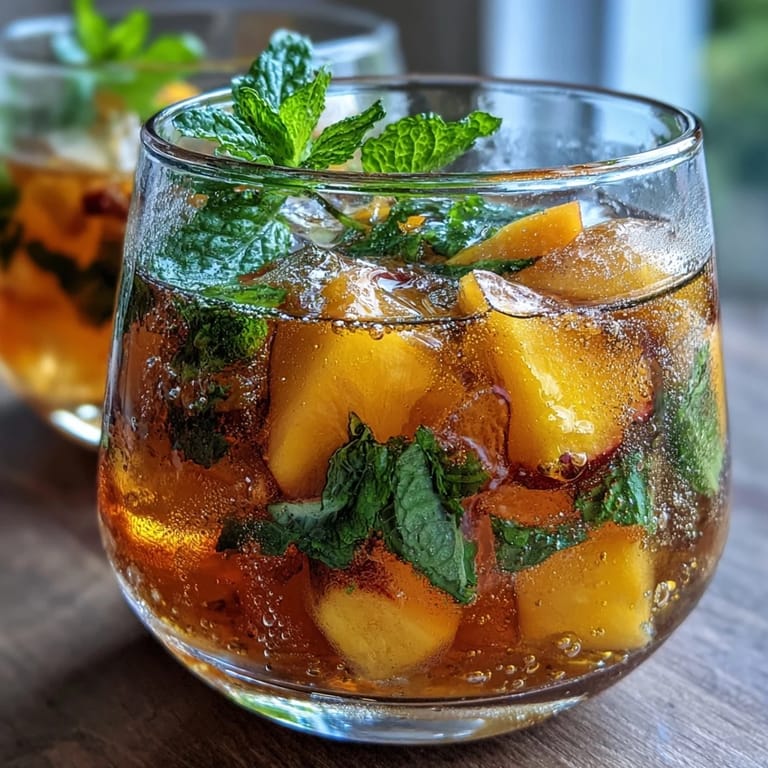 Iced tea infused with mango and peach, served chilled with mint for a bright, refreshing beverage.