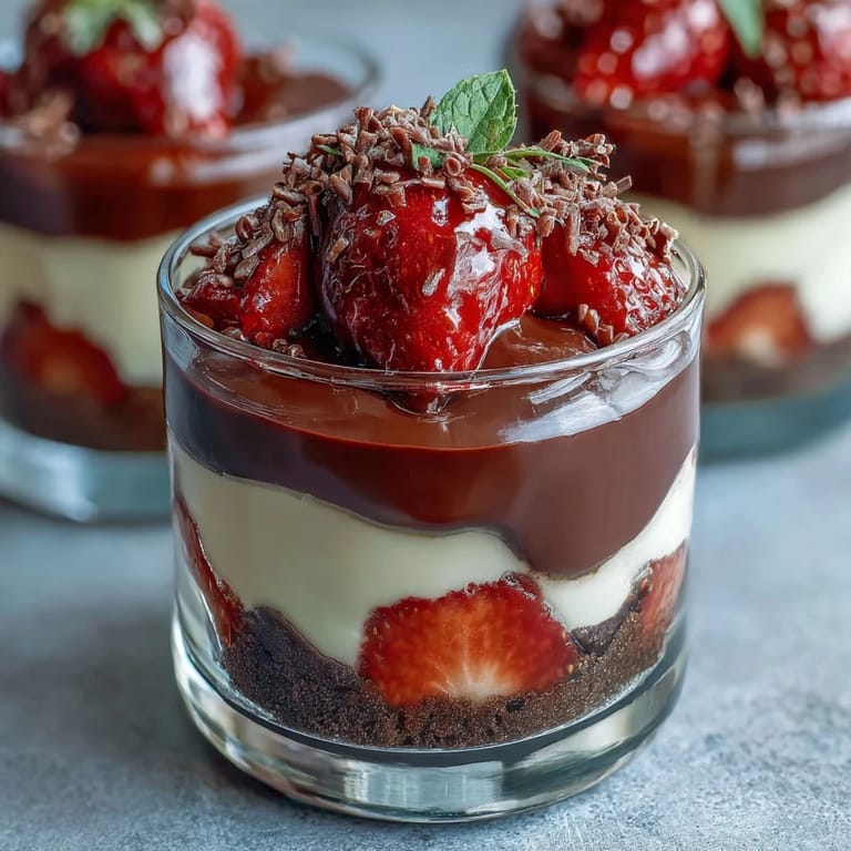 Indulgent no-bake dessert cups featuring rich chocolate base, smooth cheesecake, and juicy strawberry layers.